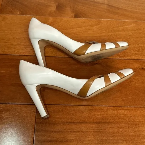 Sergio Rossi‎ Pumps Womens White Tan Leather Buckle Cutout Pointed Toe Heels 36 - Image 4