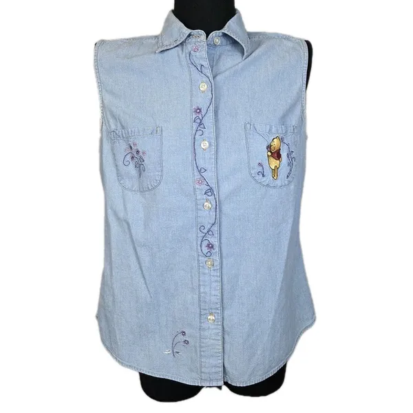 Vtg 90s Disney Store Winnie the Pooh Embroidered Chambray Shirt Button Up Sz M - Image 2