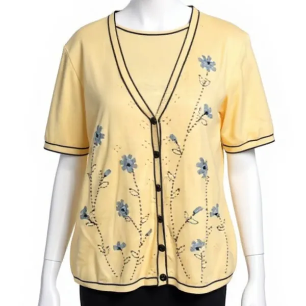 Vintage Alfred Dunner Yellow and Black Floral Cardigan Sweater Medium - Image 11