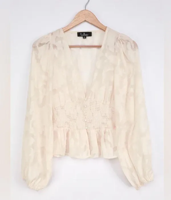 NWT Lulus Patio Date Ivory Floral Jacquard Button-Up Long Sleeve Top Size M - Image 5