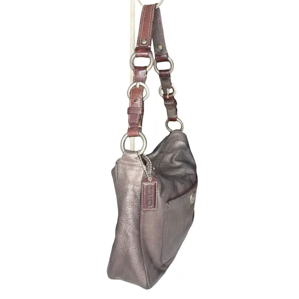 Vintage Coach Metallic Leather Hobo Bag Silver Chain Strap Turn Lock‎ Y2K Purse - Image 5