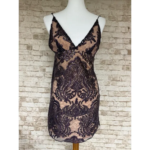 Free People Night Shimmer Sequin Mini Dress Purple Lace Nude Slip Size 0 $108.00 - Image 3