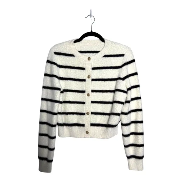 Goelia Eco-Friendly Mink Knitted Striped Cardigan Cream Black Gold Medium - Image 3