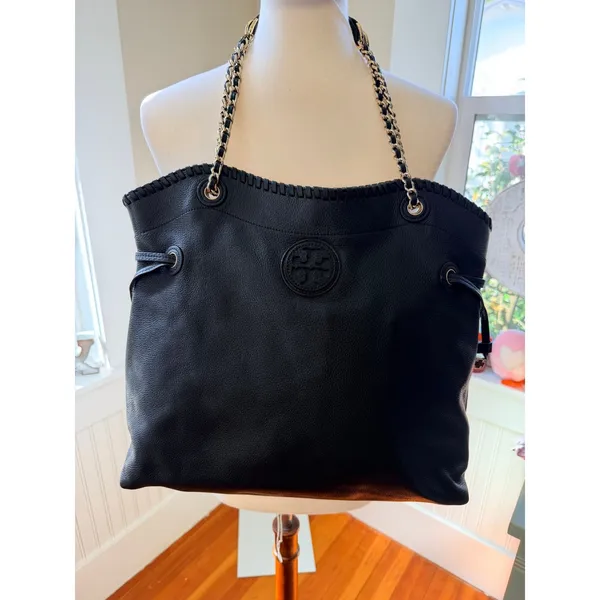 Tory Burch Marion Slouchy Whipstitch Tote Black Pebbled Leather Large - Image 2