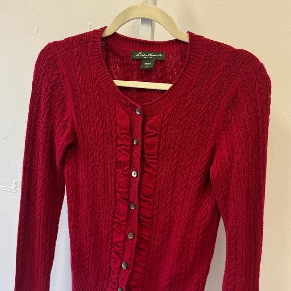 Eddie Bauer Red Cable Knit Ruffle Button Front Cardigan Sweater XS Holiday - Image 3