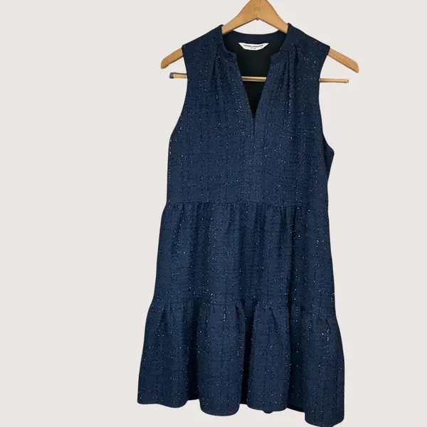 Amanda Uprichard Navy Blue Metallic Tweed Tiered Mini Dress‎ XS Split V-Neck - Image 2