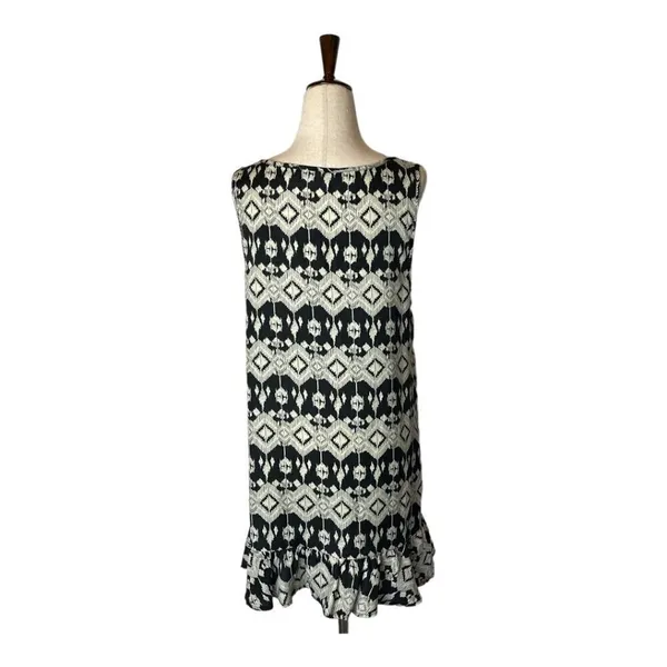 Kiwi‎ Tucker Tank Top Women Medium Black Cream Geometric Aztec Ruffle Hem Tunic - Image 2