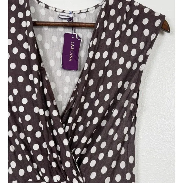 LASCANA Polka Dot Faux Wrap Midi Dress 6 Brown White Retro Pinup - Image 8