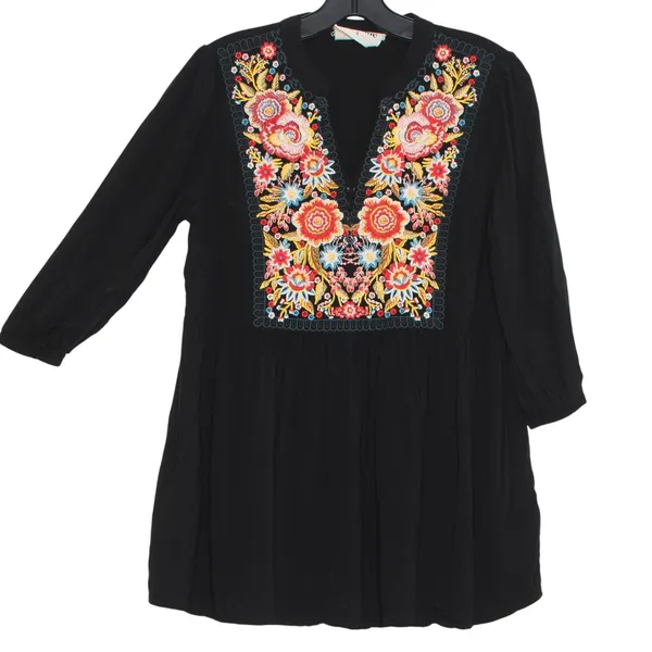 Savanna Jane Top 3/4 Sleeve Embroidered Floral Boho Folk Cottage Black Small - Image 6