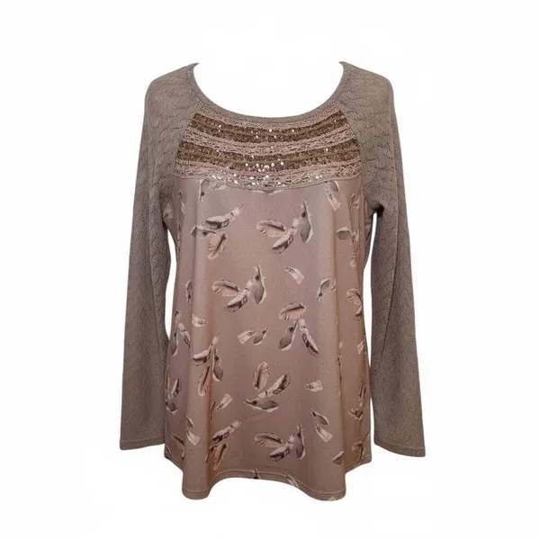 One September Sequin Feather Print Knit Long Sleeve Top Beige Brown‎ Women's S - Image 2