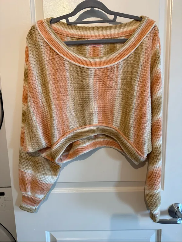 Urban Outfitters Striped Off-Shoulder Sweater in Peach, Cream & Olive - Image 2