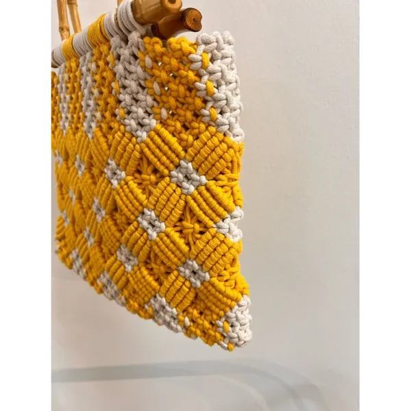 Handwoven Vintage Yellow & Cream Macramé Tote Bag with Bamboo Handles - Image 4