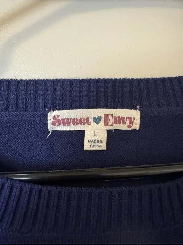 Sweet Envy Navy Blue Cropped Bunny Knit Sweater Coquette Kawaii Preppy Bow Sz L - Image 5