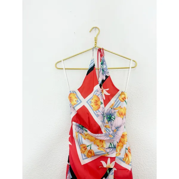 Song Of Style Jemma Mini Dress Size XS Scarf Print Fringe Halter Vacation Satin - Image 5
