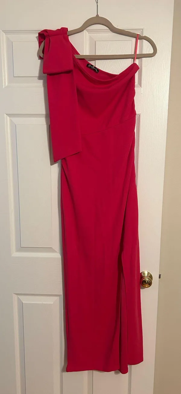 Bright Pink one shoulder formal dress with bow - Image 6