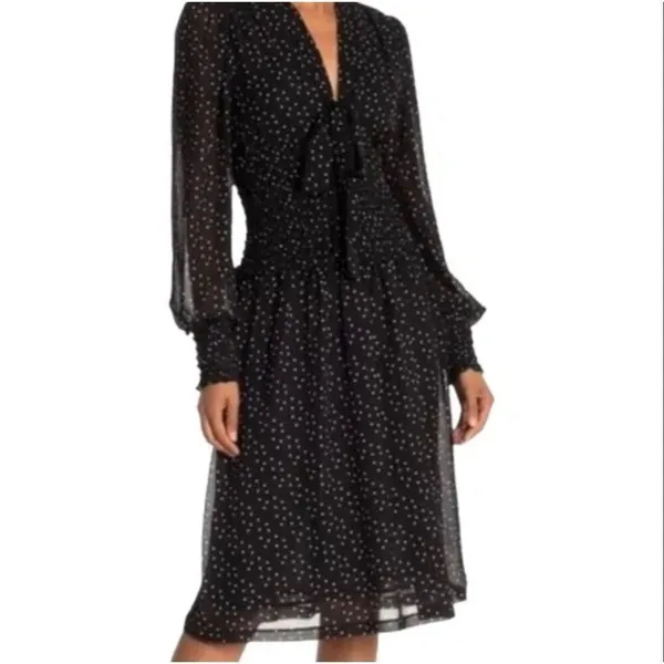 Max studio black polka dot smocked waist long sleeve dress size small - Image 10