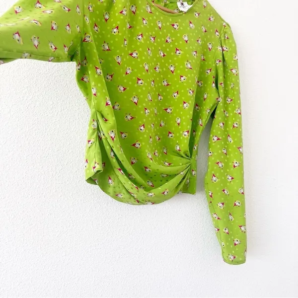 Ungaro Green Floral Satin Twist Front Blouse Puff Sleeve Size 8 - Image 6