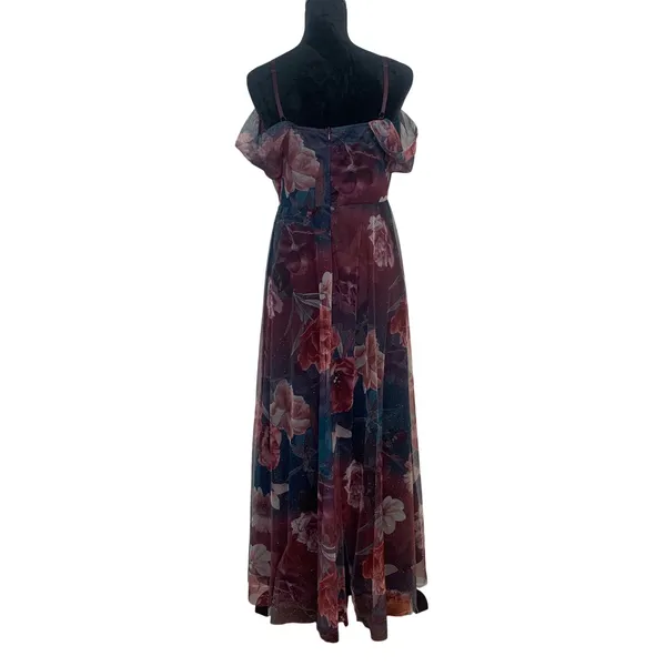 Candalite Women's M Floral Glitter Mesh Maxi Dress Burgundy Teal Off‎ Shoulder M - Image 2