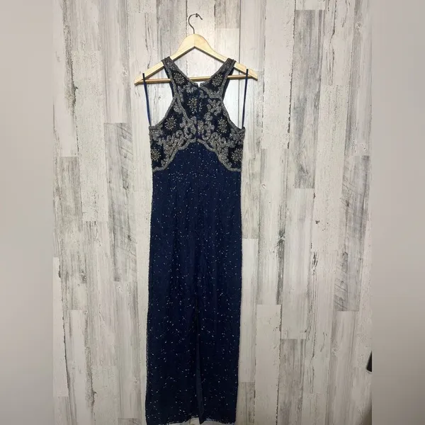 Navy Blue Beaded Embellished Maxi Dress Formal Evening Gown Size M - Image 8