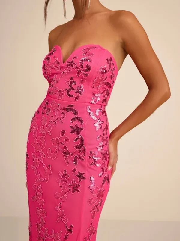 Lulu's Hot Pink Strapless Sweetheart Embroidered Maxi Dress - Image 5