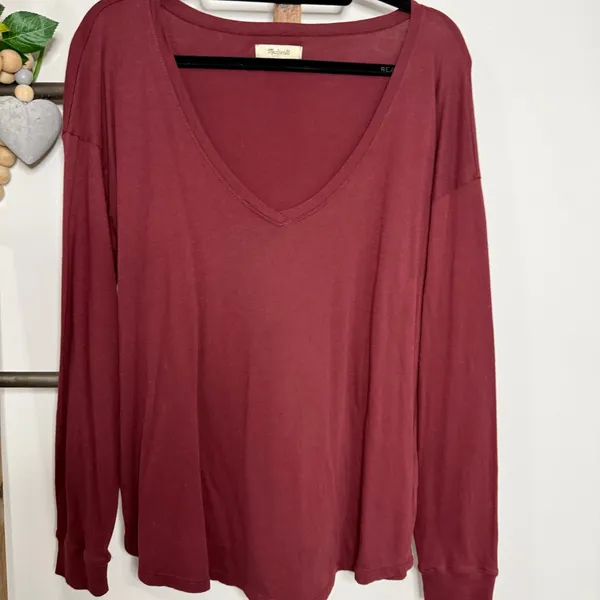 Madewell Long Sleeve‎ V Neck Maroon Shirt Size Medium - Image 3