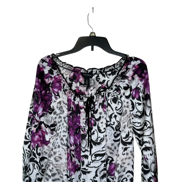 WHBM Women's‎ Top Satin Floral V-Neck Tie Chiffon Tie 3/4 Sleeves Purple Small - Image 4