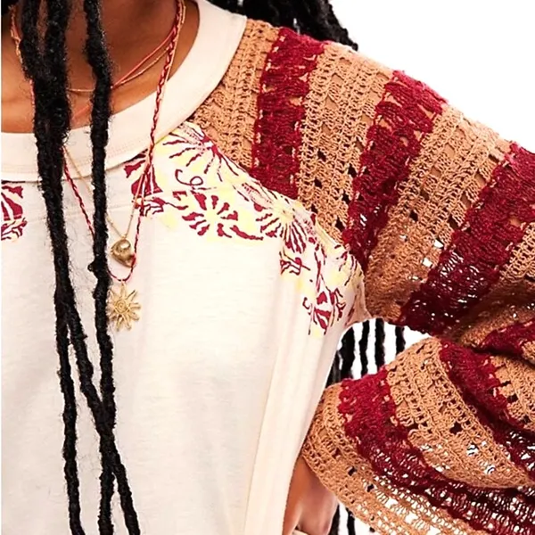 Free People Festival Ready Tee Crochet Sleeve Cream & Rust Knit Top Size Large - Image 4
