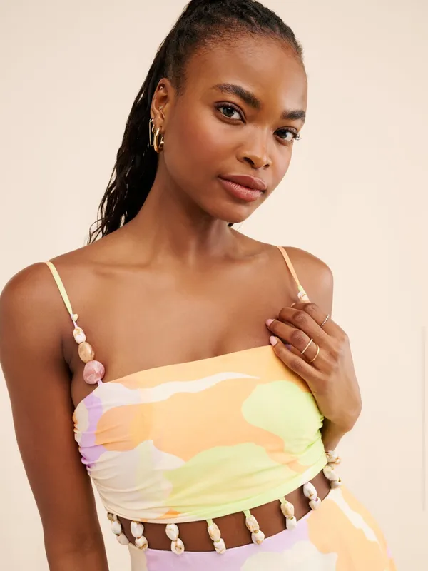 Amur Pastel Floral Midi Dress with Beaded Waist Straps - Yellow Green - Image 3
