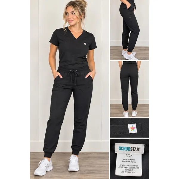 Scrubstar Women’s Black Jogger Scrub Pants Size Small Cargo Pocket Drawstring - Image 2