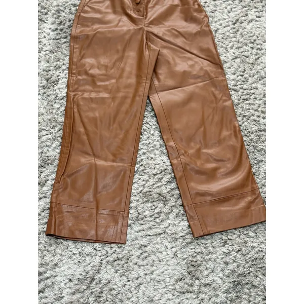 Zara Women’s Brown Faux Leather High Waisted Wide Leg Pants Button Fly XS NWT - Image 3