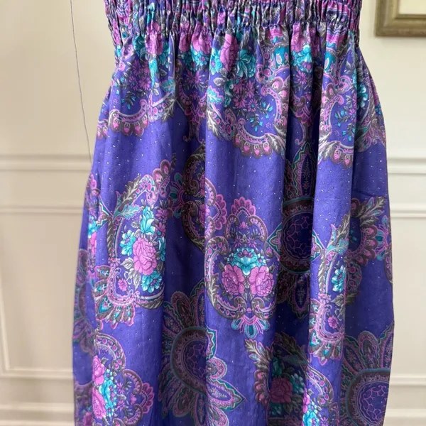 Vintage 80s Purple Strapless Smocked Top Sun Dress S - Image 4