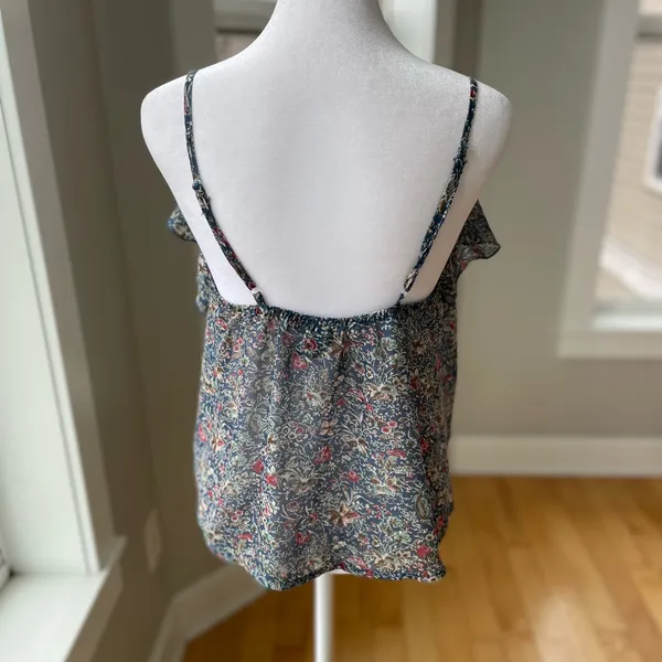 Vintage Y2K About A Girl Y2K Sheer Navy Floral Crop Ruffle Cami Tank Top Medium - Image 3
