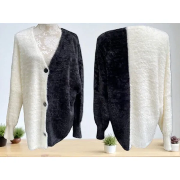 Black White Colorblock Fuzzy Cardigan Sweater Size XL Oversized Drop Shoulder - Image 2