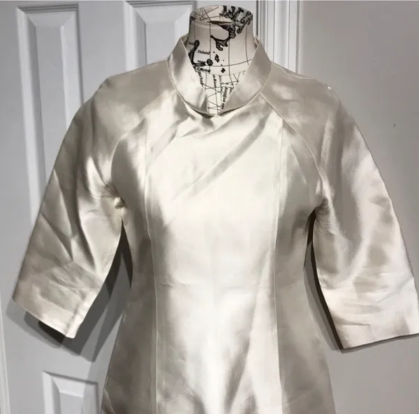 Silk Satin Vintage Ivory A-line Midi Shirt Dress 3/4 sleeves Tunic Mock iridescent M - Image 2