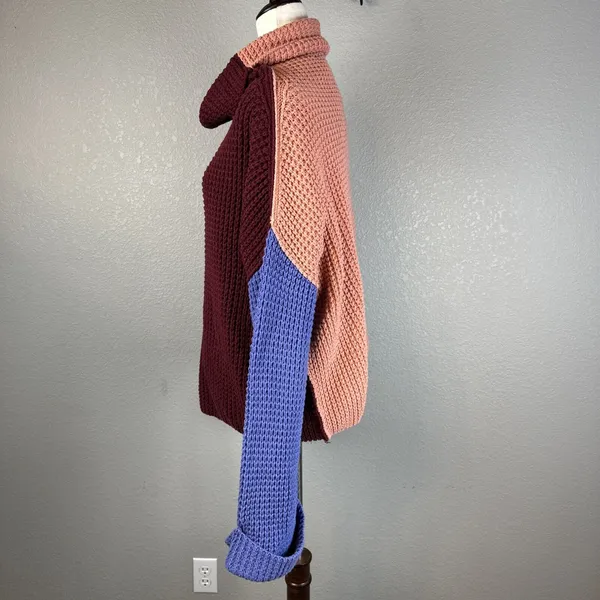 Free People Colorblock Park City Pullover Sweater Size M Waffle Knit Cowl Neck‎ - Image 3