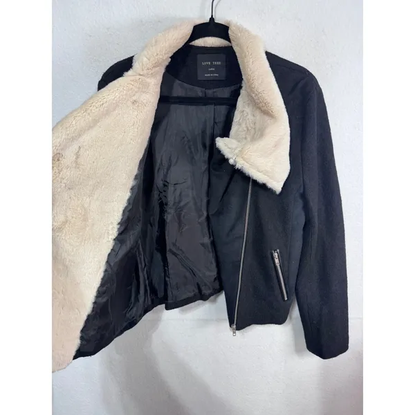 Love Tree Faux Fur Trim Biker Jacket Women Large Black‎ Moto Asymmetrical Zip - Image 7