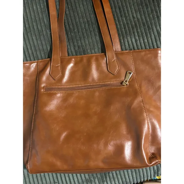 MISSNINE Tote Bag Womens Cognac Brown Faux Leather Multi-Pocket Shoulder Bag - Image 3