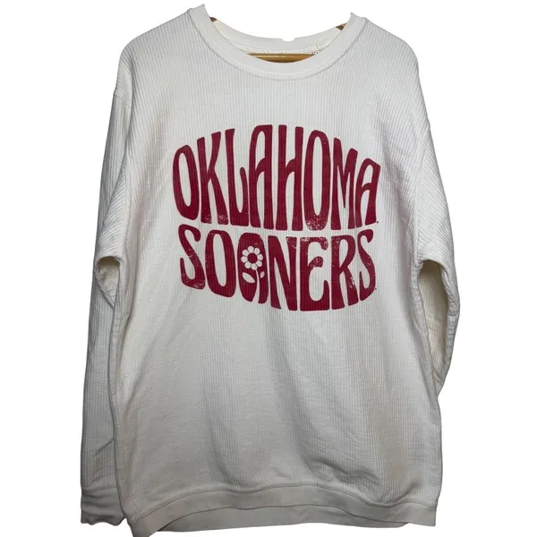 Pressbox Oklahoma Sooners Pullover Sweatshirt White Ribbed Cotton Size M - Image 2