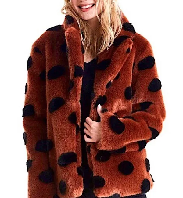 ICHI GINGERBREAD BROWN Faux Fur Coat With Abstract Accents Sz 40 Large NWT - Image 16