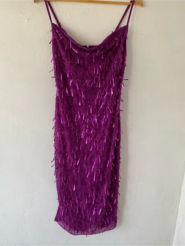 Liv foster party cocktail Fuchsia Sequin Fringe Slip Midi Dress - Image 8