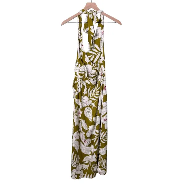 NEW Zara Linen Floral Tropical Halter Neck Maxi Dress Green Khaki White Pink XS - Image 6