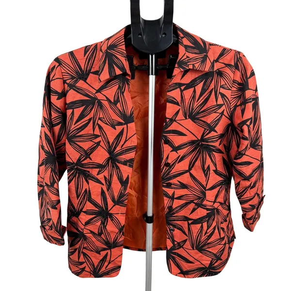 Silkland 100% Silk Jacket Blazer Orange Black Floral Button Front‎ Small - Image 3
