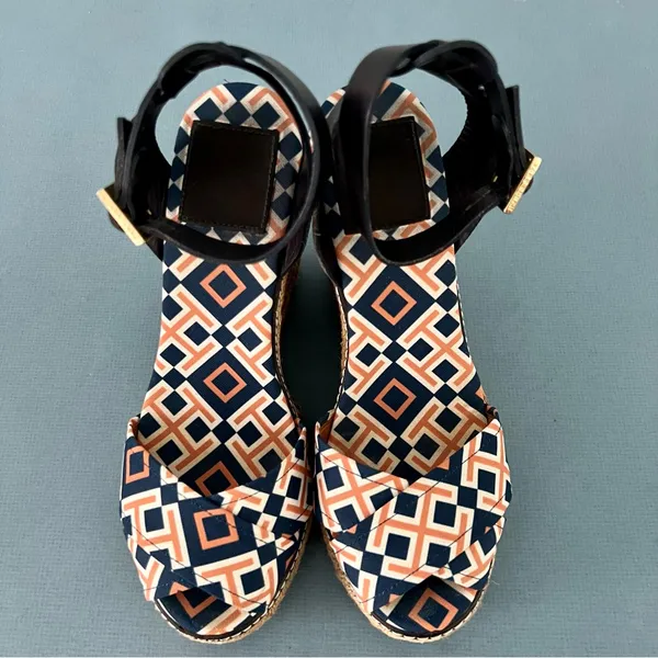 Tory Burch Criss Cross Blue & Orange‎ Canvas Espadrille Jute Wedge Sandals - Image 5