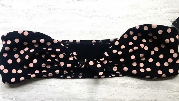 Retro Polka Dot Bikini Top Black Pink Size 6 Halter Bandeau Tie Front - Image 2