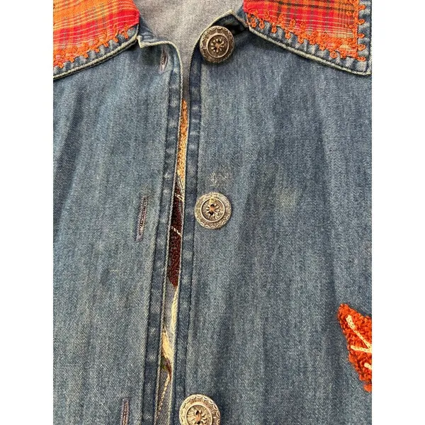 Vintage 90s Keren Hart Fall Autumn Leaf Embroidered Denim Button Down Orange M - Image 8