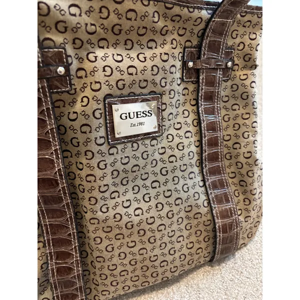 Guess Tote Bag Womens Large Brown‎ Monogram Canvas Croc Embossed Y2K Style - Image 3