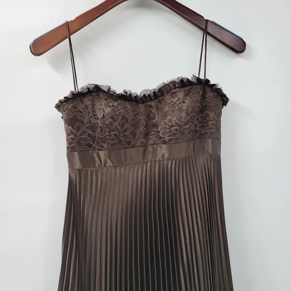 Badgley Mischka Evening Gown Dress Size 8 Brown Pleated Empire Waist Lace Bodice - Image 3