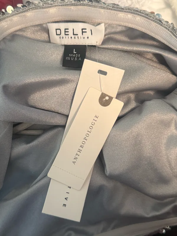 Anthropologie Delfi Collective Sequin Halter Mini Dress in Silver - Image 4