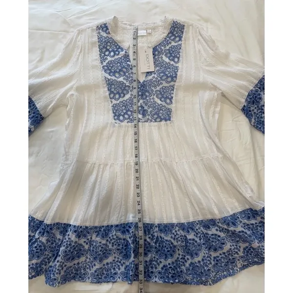 Dotti Women XL White Blue Floral‎ Embroidered Tiered Boho Mini Dress Tunic NWT - Image 4