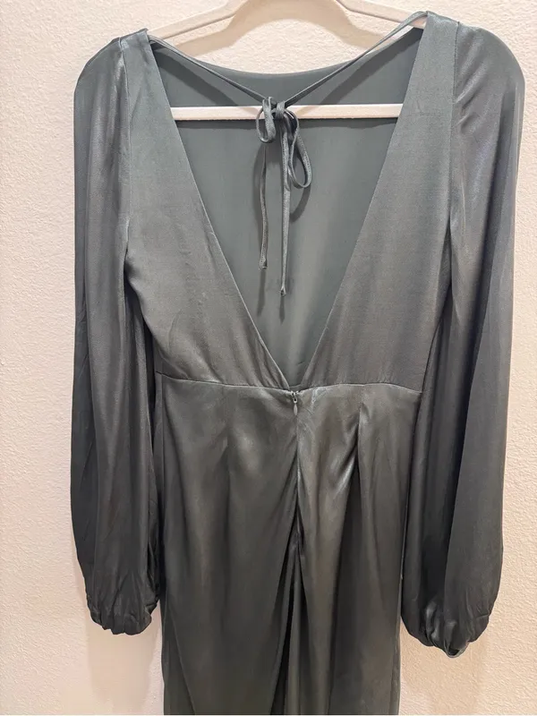 Shona Joy La Lune Balloon Sleeve Backless Midi Dress Slit Olive Green Size 4 - Image 7